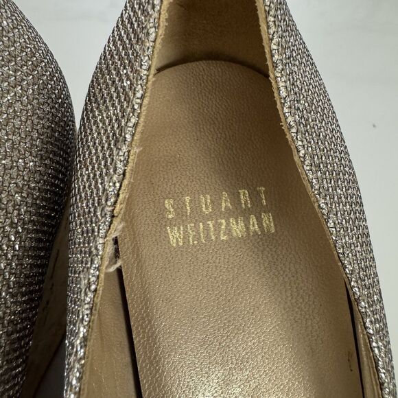 Stuart Weitzman Anna Wedge Women 6 Silver Glitter Cork Platform Peep Toe Pumps - Picture 6 of 15